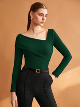 Women Solid Brown Elastic Foldable Slim Asymmetric Collar T-Shirt